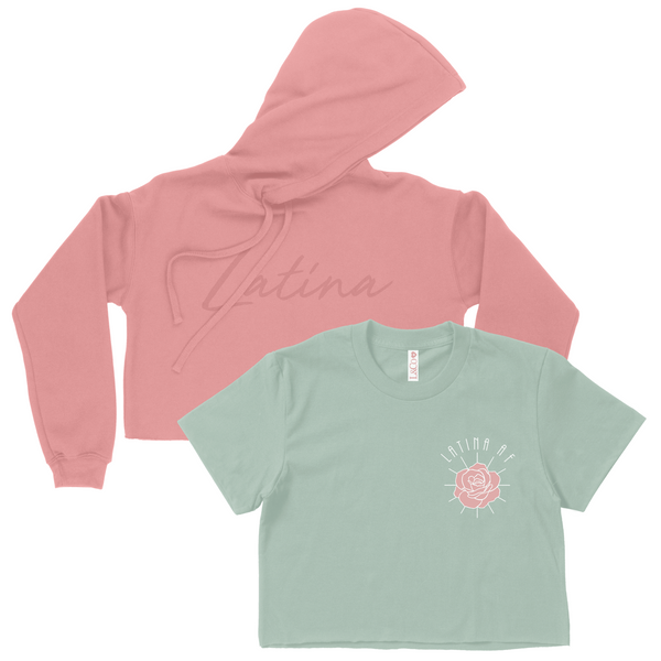 CROP TOP BUNDLE DEAL! 'Latina AF' Rose Shirt (Sea Mist) + 'Latina' Script Hoodie (Mauve) SIZE SMALL