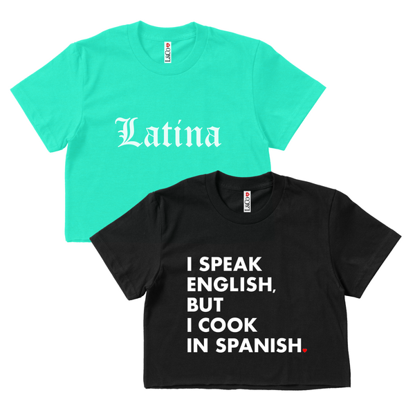 CROP TOP BUNDLE DEAL! 'I Speak English, But I Cook In Spanish' (Black) + 'Latina' Old English Font Shirt (Mint) SIZE SMALL