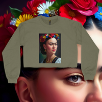 'Frida' Full Color Portrait Crop Top Crewneck - Military Green - Premium Brushed Fleece