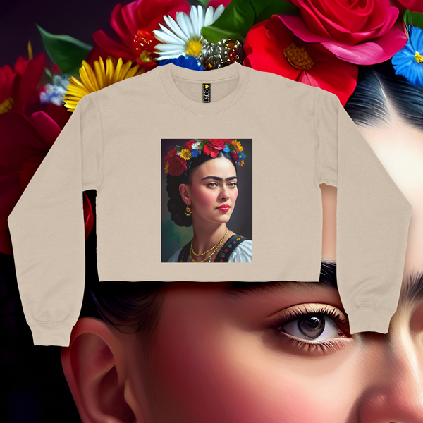 'Frida' Full Color Portrait Crop Top Crewneck - Sand - Premium Brushed Fleece