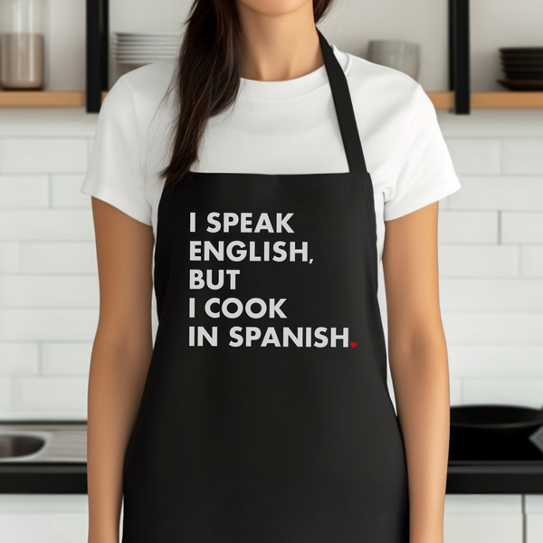 'I Speak English, But I Cook In Spanish' Apron with 2 Pockets - Black - Cotton