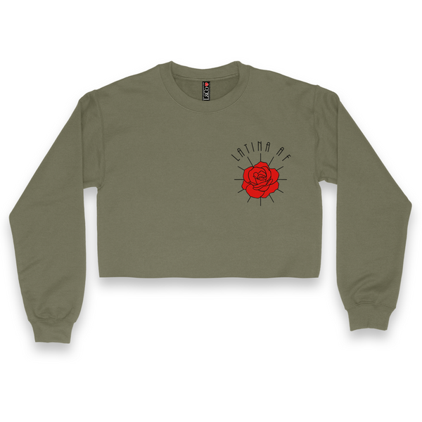 'LATINA AF' Rose Crop Top Crewneck - Military Green - Premium Brushed Fleece