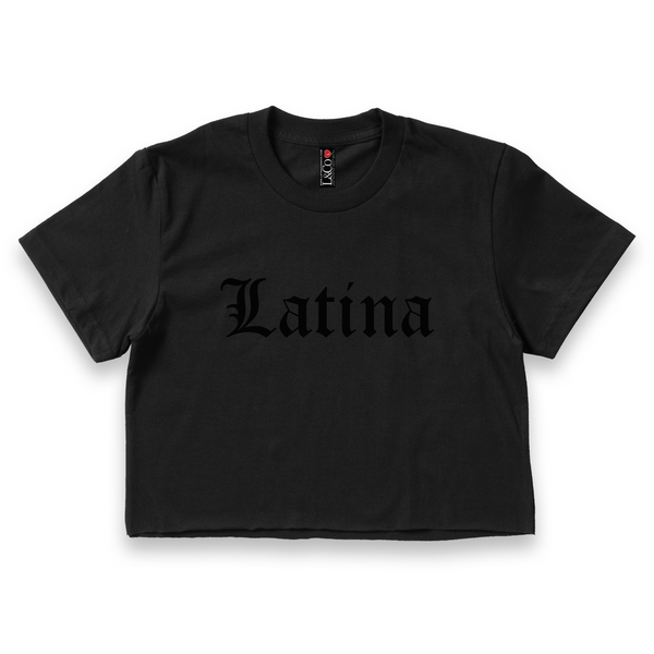 'Latina' Old English Font Crop Top Shirt - All Black - Premium Ring-Spun Cotton