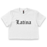 'Latina' Old English Font Crop Top Shirt - White - Premium Ring-Spun Cotton Blend