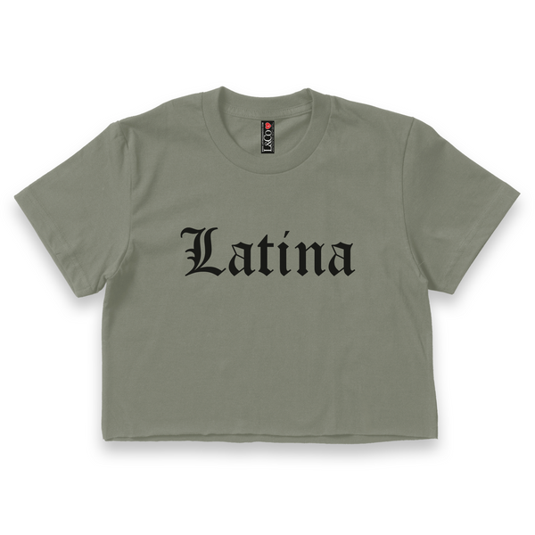 'Latina' Old English Font Crop Top Shirt - Military Green - Premium Ring-Spun Cotton Blend