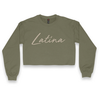 'Latina' Script Crop Top Crewneck - Military Green/Sand - Premium Brushed Fleece