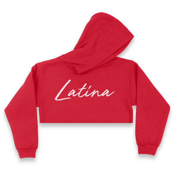 'Latina' Script Crop Top Hoodie - Red/White - Premium Brushed Fleece