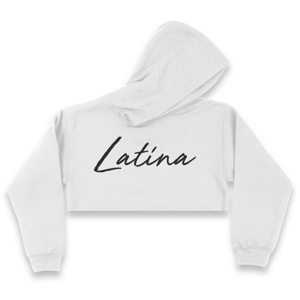 'Latina' Script Crop Top Hoodie - White - Premium Brushed Fleece