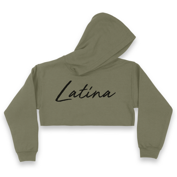 'Latina' Script Crop Top Hoodie - Military Green - Premium Brushed Fleece