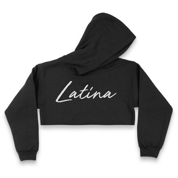 'Latina' Script Crop Top Hoodie - Black/White - Premium Brushed Fleece