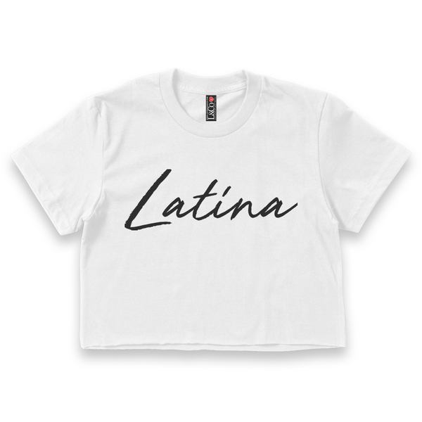 'Latina' Script Crop Top Shirt - White - Premium Ring-Spun Cotton