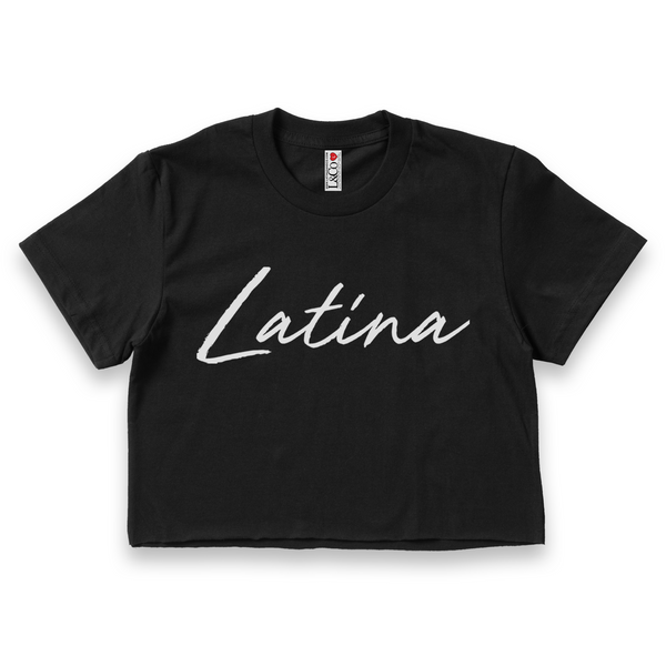 'Latina' Script Crop Top Shirt - Black/White - Premium Ring-Spun Cotton