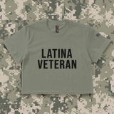 'Latina Veteran' Crop Top Shirt w/Embroidered Mini USA Sleeve Patch - Military Green - Premium Cotton