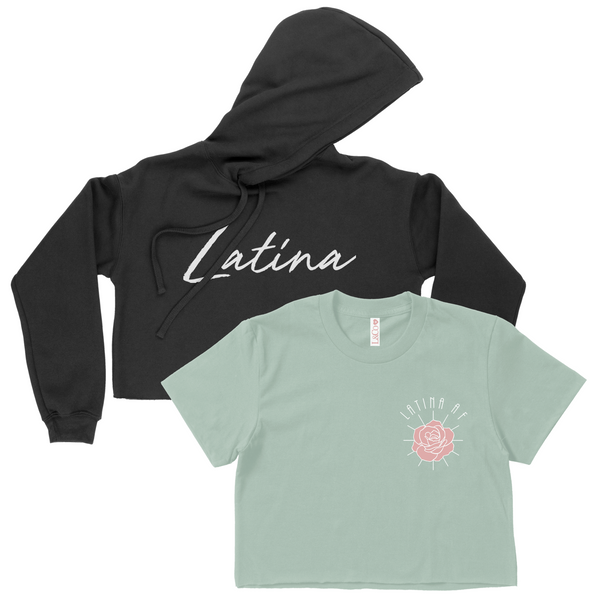 CROP TOP BUNDLE DEAL! 'Latina AF' Rose Shirt (Sea Mist) + 'Latina' Script Hoodie (Black) SIZE MEDIUM