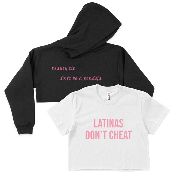 CROP TOP BUNDLE DEAL! 'Latinas Don't Cheat' Shirt (White) + 'Beauty Tip' Pink Sparkle Print Hoodie (Black) SIZE SMALL