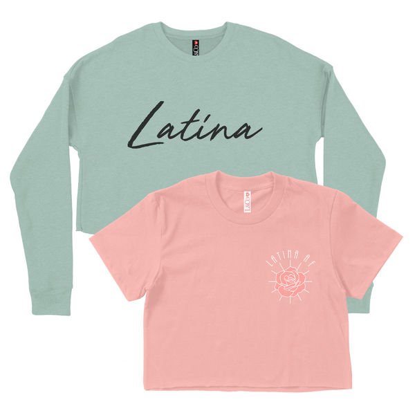 CROP TOP BUNDLE DEAL! 'Latina AF' Rose Shirt (Sunset) + 'Latina' Script Crewneck Sweatshirt (Sea Mist) SIZE MEDIUM