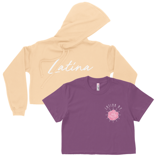 CROP TOP BUNDLE DEAL! 'Latina AF' Rose Shirt (Plum) + 'Latina' Script Hoodie (Creamy Peach)