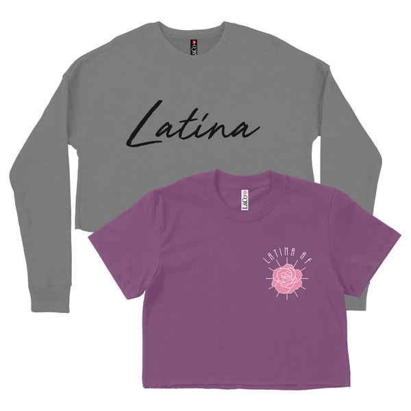 CROP TOP BUNDLE DEAL! 'Latina AF' Rose Shirt (Plum) + 'Latina' Script Crewneck Sweatshirt (Storm Grey) SIZE MEDIUM