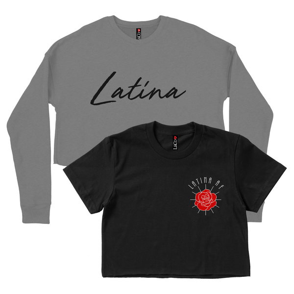 CROP TOP BUNDLE DEAL! 'Latina AF' Rose Shirt (Black) + 'Latina' Script Crewneck Sweatshirt (Storm Grey) SIZE SMALL