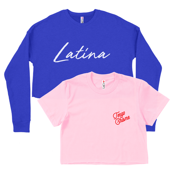 CROP TOP BUNDLE DEAL! 'Tengo Chisme' Shirt (Light Pink) + 'Latina' Script Crewneck Sweatshirt (Blue) SIZE SMALL