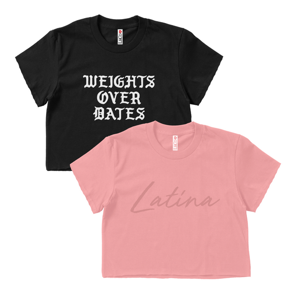 CROP TOP BUNDLE DEAL! 'Latina' Script Shirt (Mauve) + 'Weights Over Dates' Shirt (Black) SIZE MEDIUM