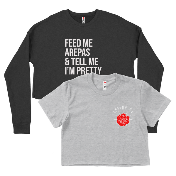 CROP TOP BUNDLE DEAL! 'Latina AF' Rose Shirt (Heather Grey) + 'Feed Me Arepas' Crewneck Sweatshirt (Black) SIZE SMALL