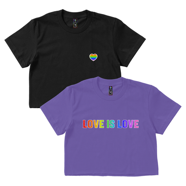 CROP TOP BUNDLE DEAL! 'Love Is Love' Shirt (Heather Purple) + 'Rainbow Heart' Shirt (Black) SIZE SMALL