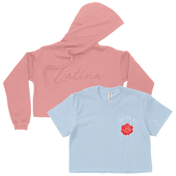 CROP TOP BUNDLE DEAL! 'Latina AF' Rose Shirt (Sky Blue) + 'Latina' Script Hoodie (Mauve) SIZE MEDIUM