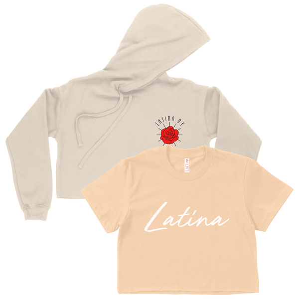 CROP TOP BUNDLE DEAL! 'Latina' Script Shirt (Creamy Peach) + 'Latina AF' Rose Hoodie (Sand) SIZE SMALL