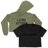 CROP TOP BUNDLE DEAL! 'Chingona' Old English Font Shirt (Black) + 'Latina Veteran' Hoodie (Military Green) SIZE SMALL