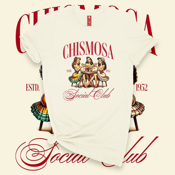 'Chismosa Social Club' T-Shirt - Ivory/Cranberry - Premium Ring-Spun Cotton